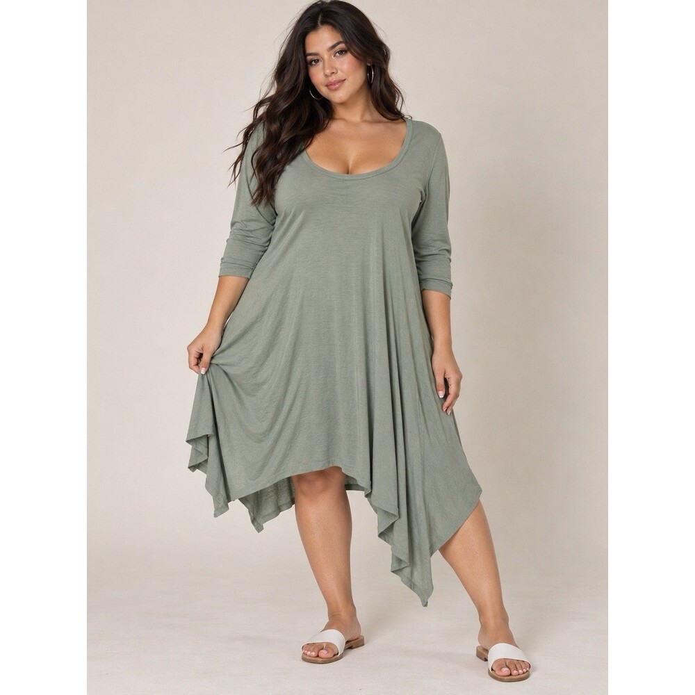 Alya Women’s Large Sage Green Asymmetrical Tunic Dress 3/4 Sleeve